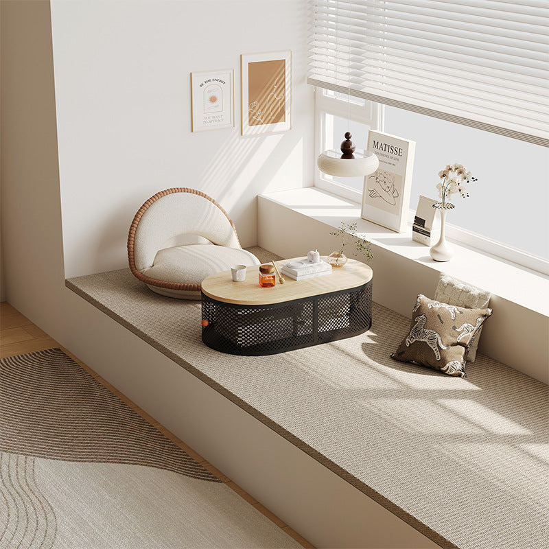 Modern Minimalist Plank & Iron Oval Coffee Table For Bay Window And Living Room