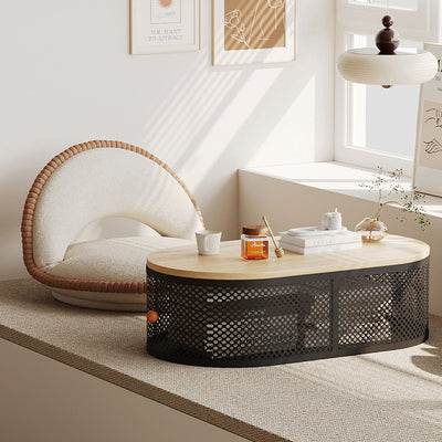 Modern Minimalist Plank & Iron Oval Coffee Table For Bay Window And Living Room