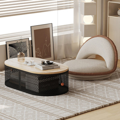 Modern Minimalist Plank & Iron Oval Coffee Table For Bay Window And Living Room