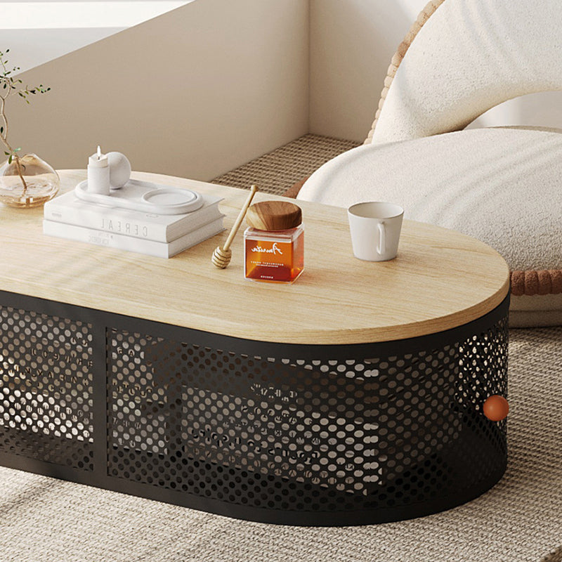 Modern Minimalist Plank & Iron Oval Coffee Table For Bay Window And Living Room