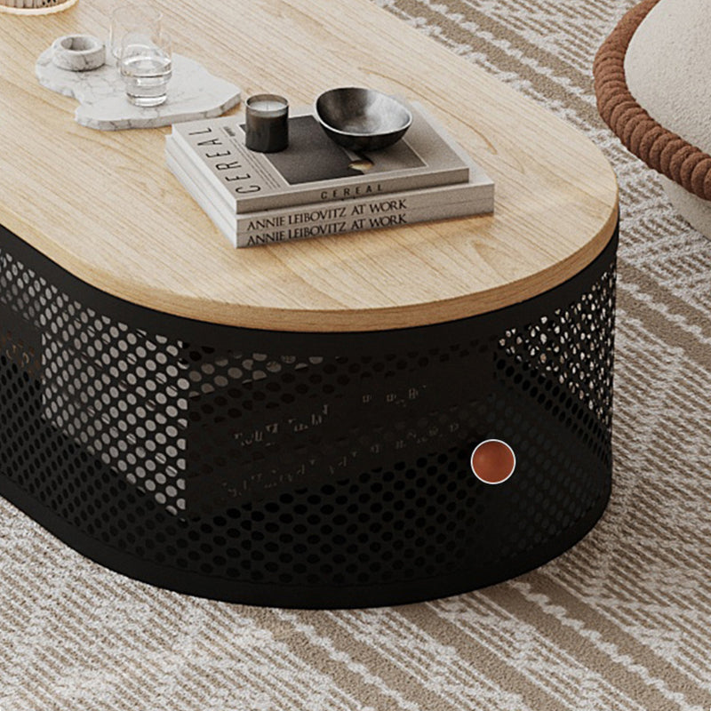 Modern Minimalist Plank & Iron Oval Coffee Table For Bay Window And Living Room
