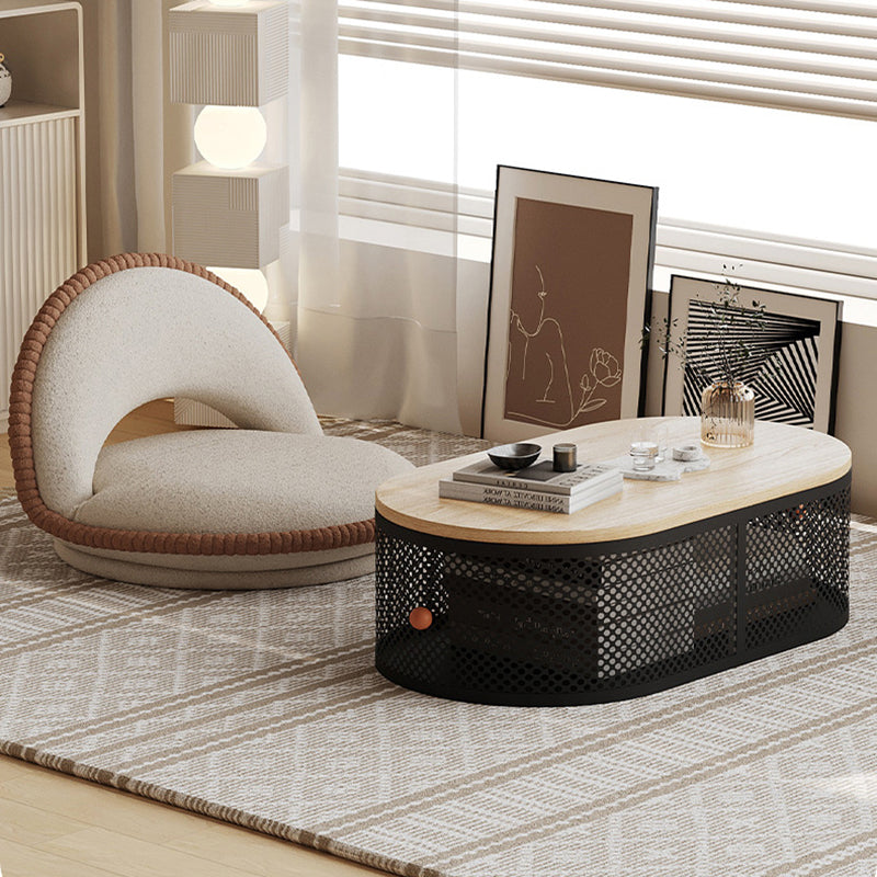 Modern Minimalist Plank & Iron Oval Coffee Table For Bay Window And Living Room