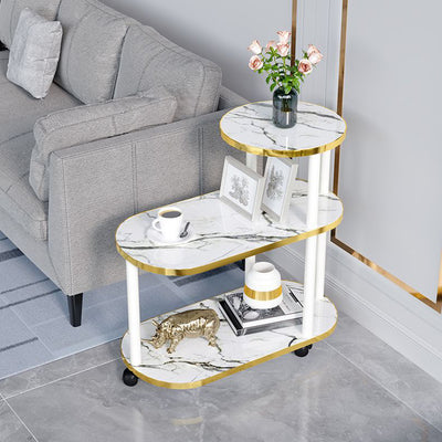 Moderner minimalistischer ovaler Beistelltisch aus Felsplatte und Holz mit 3-stufigem Stauraum für Schlafzimmer und Wohnzimmer 