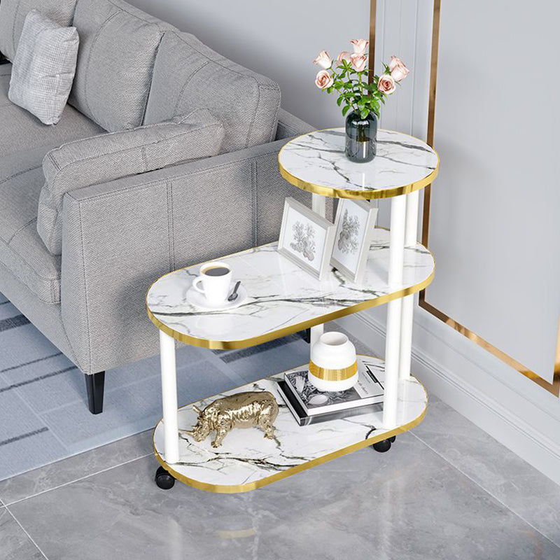 Moderner minimalistischer ovaler Beistelltisch aus Felsplatte und Holz mit 3-stufigem Stauraum für Schlafzimmer und Wohnzimmer 
