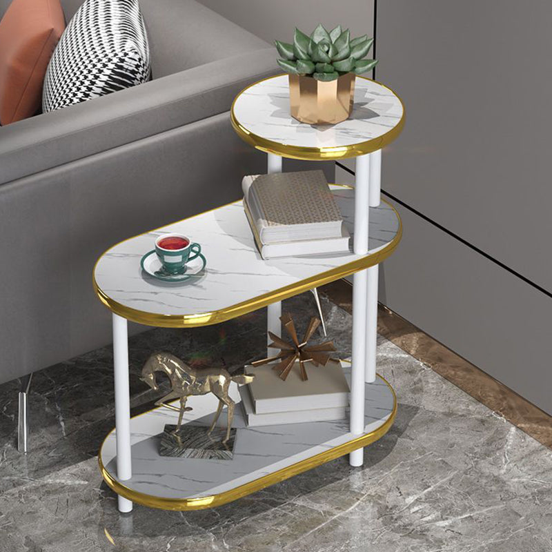 Moderner minimalistischer ovaler Beistelltisch aus Felsplatte und Holz mit 3-stufigem Stauraum für Schlafzimmer und Wohnzimmer 