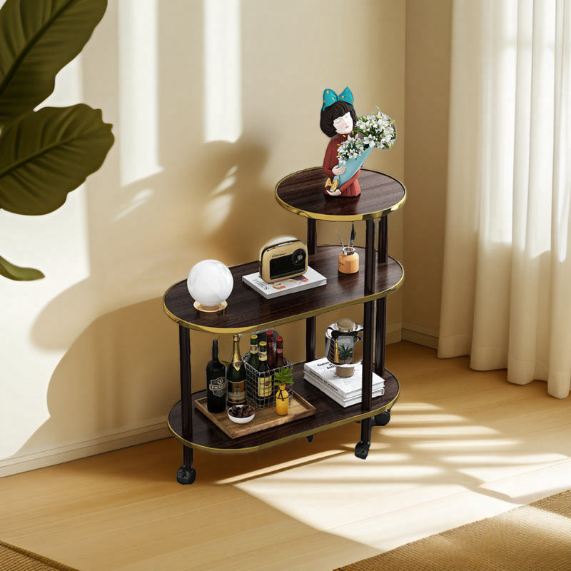 Moderner minimalistischer ovaler Beistelltisch aus Felsplatte und Holz mit 3-stufigem Stauraum für Schlafzimmer und Wohnzimmer 