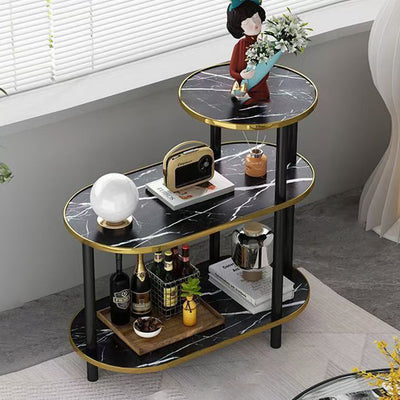 Moderner minimalistischer ovaler Beistelltisch aus Felsplatte und Holz mit 3-stufigem Stauraum für Schlafzimmer und Wohnzimmer 