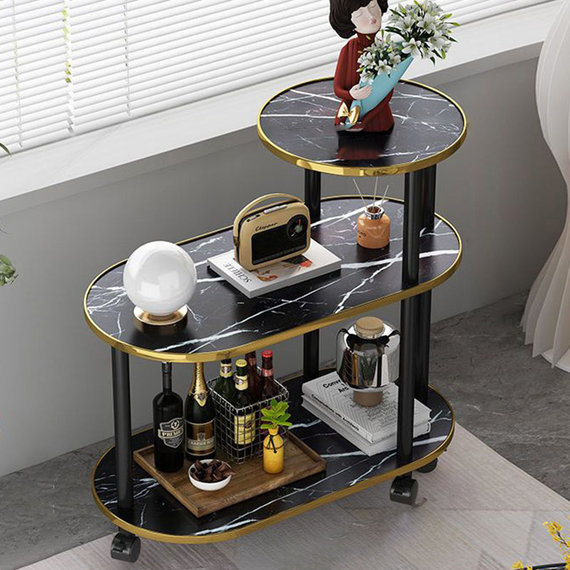Moderner minimalistischer ovaler Beistelltisch aus Felsplatte und Holz mit 3-stufigem Stauraum für Schlafzimmer und Wohnzimmer 