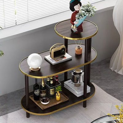 Moderner minimalistischer ovaler Beistelltisch aus Felsplatte und Holz mit 3-stufigem Stauraum für Schlafzimmer und Wohnzimmer 