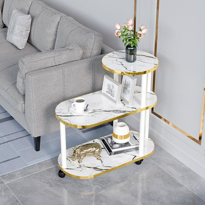 Moderner minimalistischer ovaler Beistelltisch aus Felsplatte und Holz mit 3-stufigem Stauraum für Schlafzimmer und Wohnzimmer 