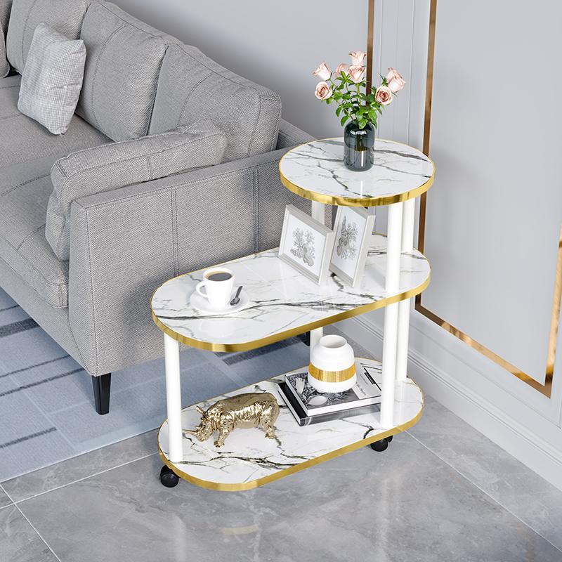Moderner minimalistischer ovaler Beistelltisch aus Felsplatte und Holz mit 3-stufigem Stauraum für Schlafzimmer und Wohnzimmer 