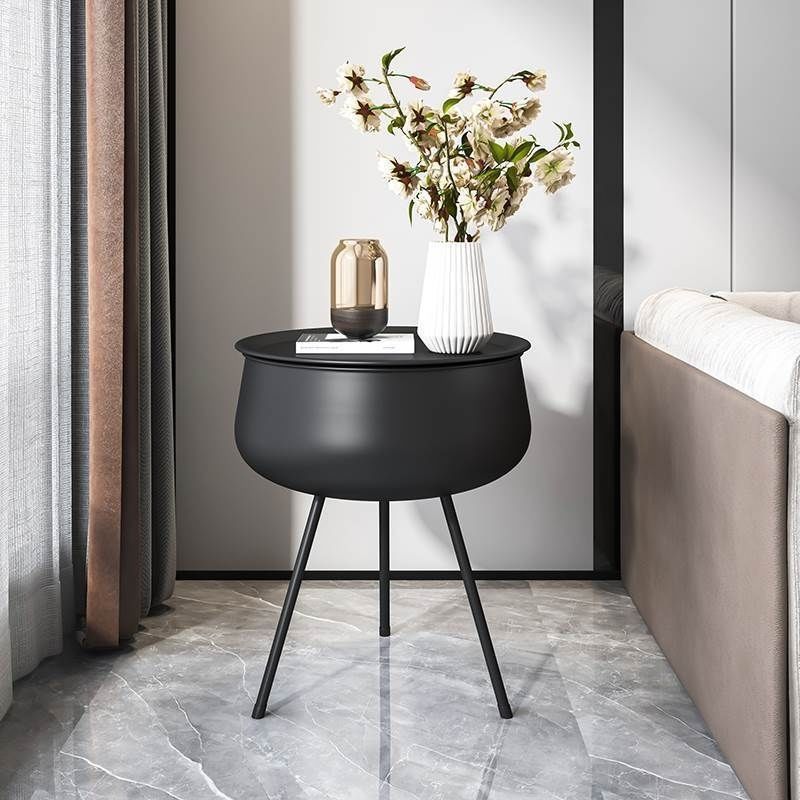 Table de chevet ronde en fer nordique contemporain avec 1 rangement pour chambre et salon 