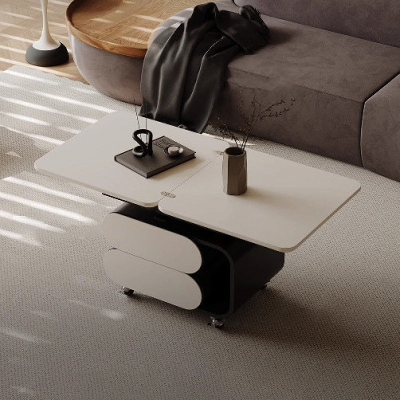Table basse contemporaine en planche nordique et acier inoxydable de forme carrée-ovale avec plateau relevable pour salon et chambre 