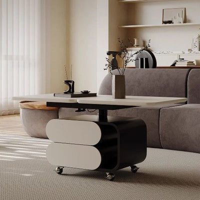 Table basse contemporaine en planche nordique et acier inoxydable de forme carrée-ovale avec plateau relevable pour salon et chambre 