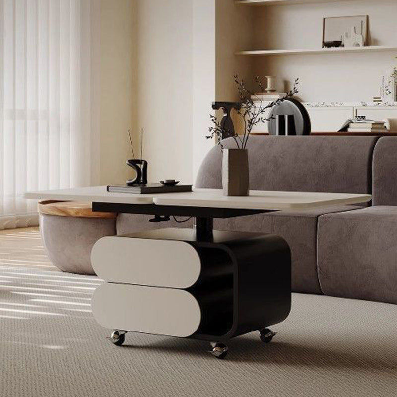 Table basse contemporaine en planche nordique et acier inoxydable de forme carrée-ovale avec plateau relevable pour salon et chambre 
