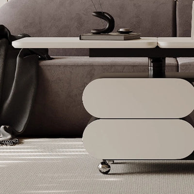 Table basse contemporaine en planche nordique et acier inoxydable de forme carrée-ovale avec plateau relevable pour salon et chambre 
