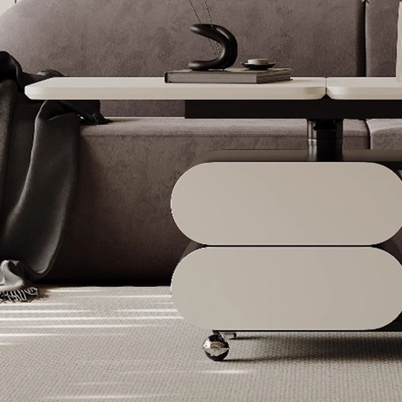 Table basse contemporaine en planche nordique et acier inoxydable de forme carrée-ovale avec plateau relevable pour salon et chambre 
