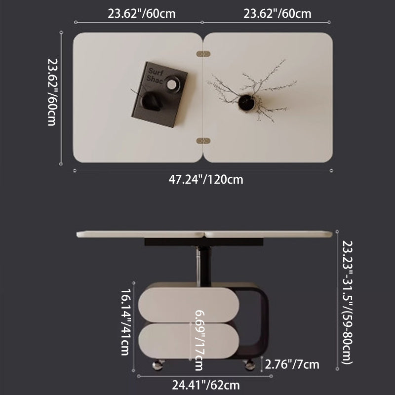 Table basse contemporaine en planche nordique et acier inoxydable de forme carrée-ovale avec plateau relevable pour salon et chambre 