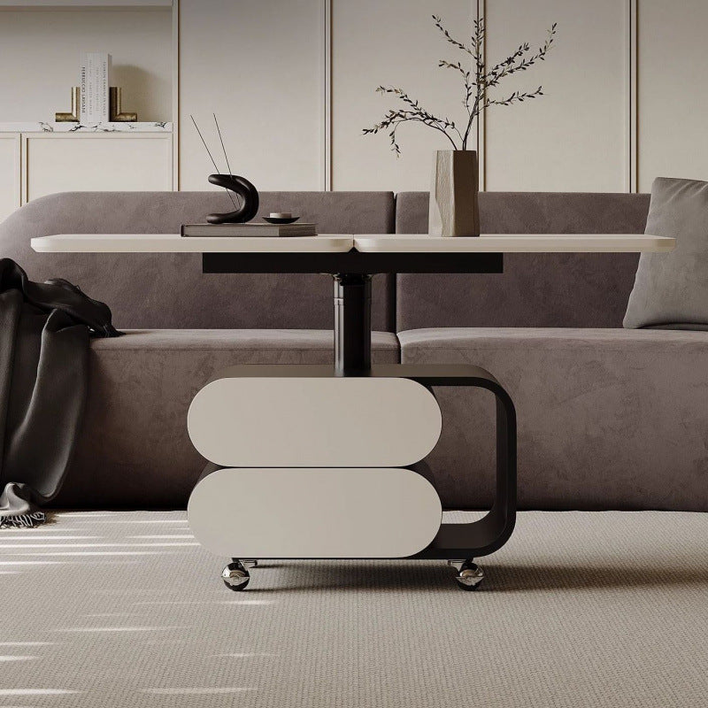 Table basse contemporaine en planche nordique et acier inoxydable de forme carrée-ovale avec plateau relevable pour salon et chambre 