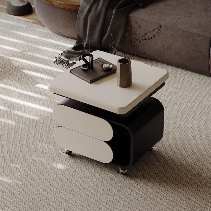 Table basse contemporaine en planche nordique et acier inoxydable de forme carrée-ovale avec plateau relevable pour salon et chambre 