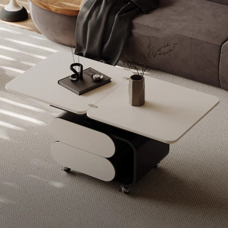 Table basse contemporaine en planche nordique et acier inoxydable de forme carrée-ovale avec plateau relevable pour salon et chambre 