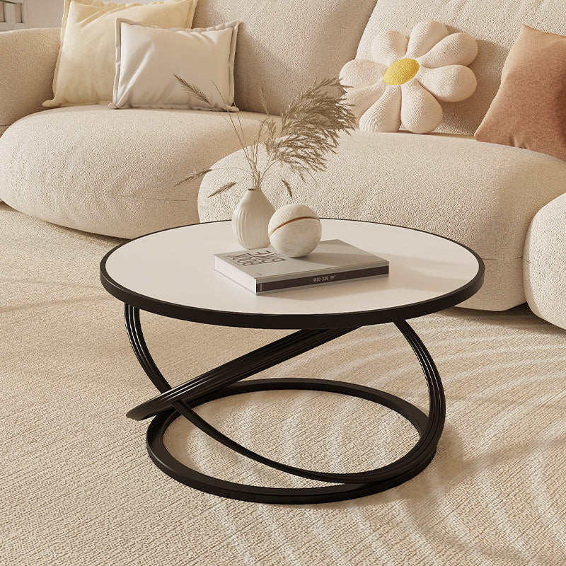 Zeitgenössischer nordischer Steintisch & Eisen-Rundplatte X-Basis Couchtisch für Wohnzimmer und Schlafzimmer 