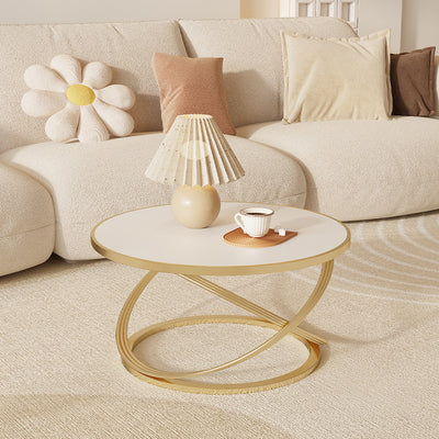 Zeitgenössischer nordischer Steintisch & Eisen-Rundplatte X-Basis Couchtisch für Wohnzimmer und Schlafzimmer 