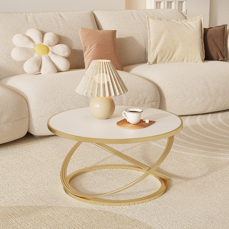 Zeitgenössischer nordischer Steintisch & Eisen-Rundplatte X-Basis Couchtisch für Wohnzimmer und Schlafzimmer 
