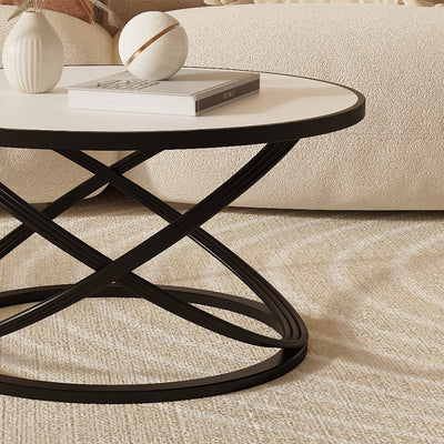 Zeitgenössischer nordischer Steintisch & Eisen-Rundplatte X-Basis Couchtisch für Wohnzimmer und Schlafzimmer 