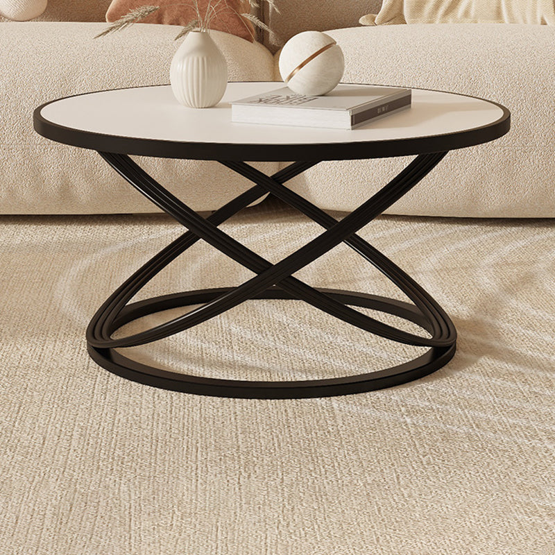 Zeitgenössischer nordischer Steintisch & Eisen-Rundplatte X-Basis Couchtisch für Wohnzimmer und Schlafzimmer 