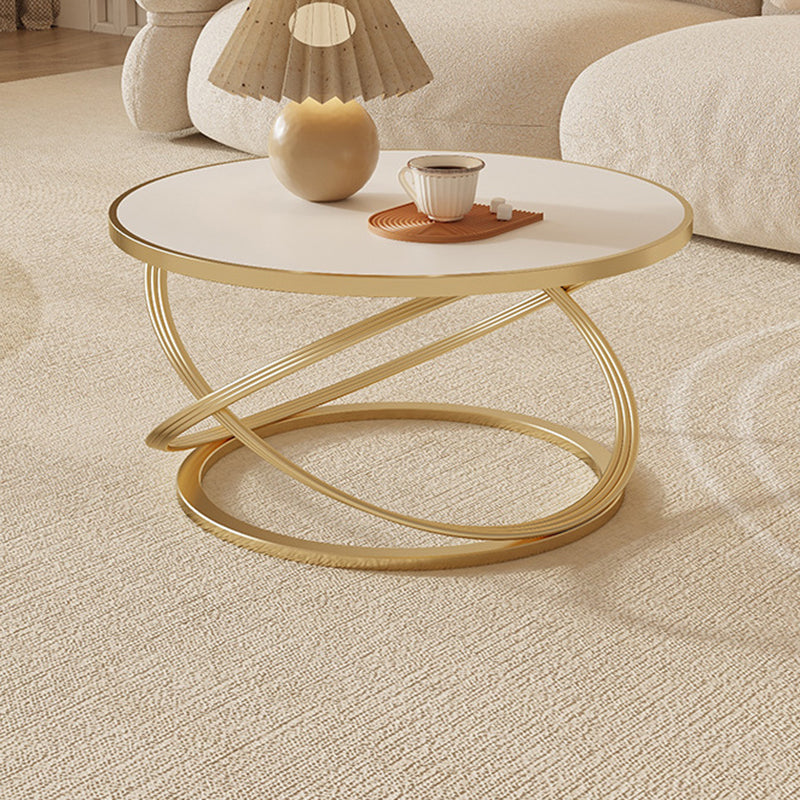 Zeitgenössischer nordischer Steintisch & Eisen-Rundplatte X-Basis Couchtisch für Wohnzimmer und Schlafzimmer 
