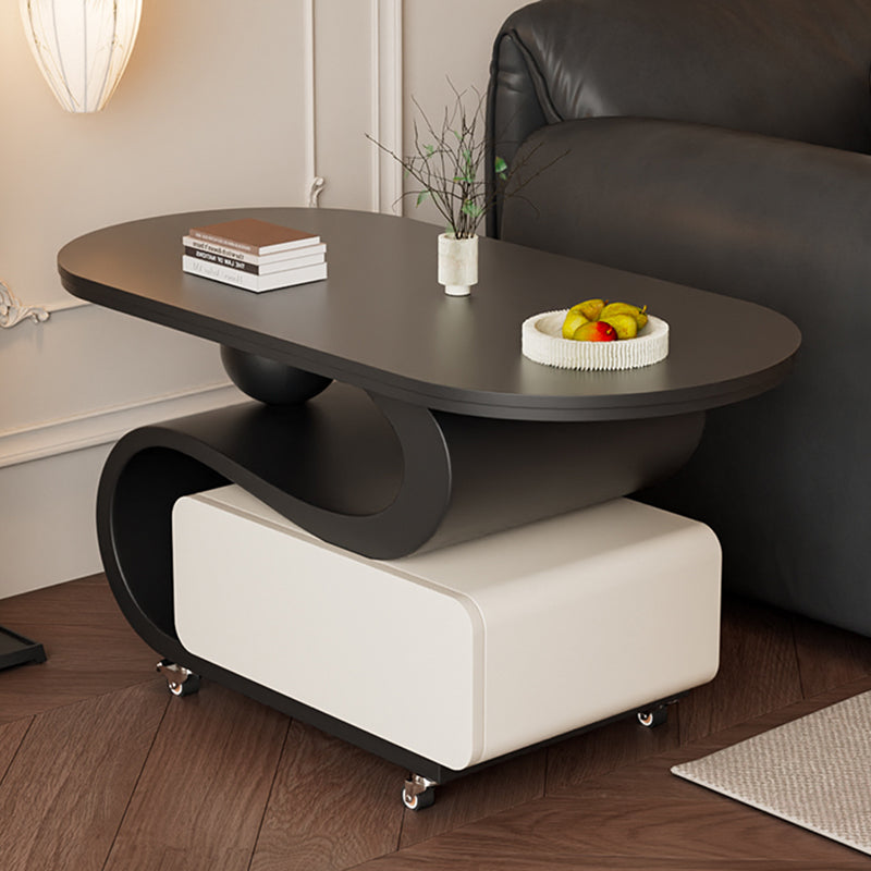 Contemporary Nordic Rock Slab &amp; Carbon Steel Oval Coffee Table With 1-Drawer For Living Room And Bedroom