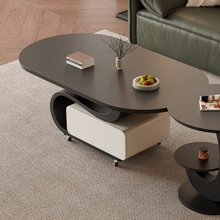 Contemporary Nordic Rock Slab &amp; Carbon Steel Oval Coffee Table With 1-Drawer For Living Room And Bedroom