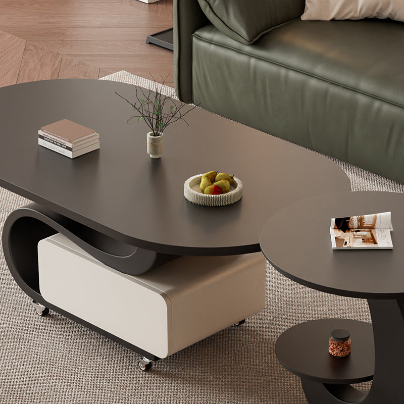 Contemporary Nordic Rock Slab &amp; Carbon Steel Oval Coffee Table With 1-Drawer For Living Room And Bedroom