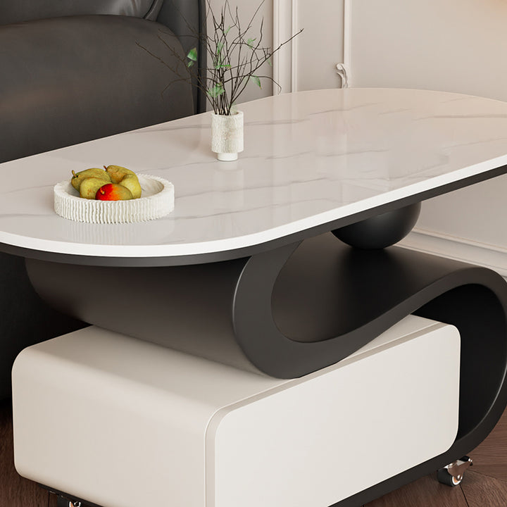 Contemporary Nordic Rock Slab &amp; Carbon Steel Oval Coffee Table With 1-Drawer For Living Room And Bedroom