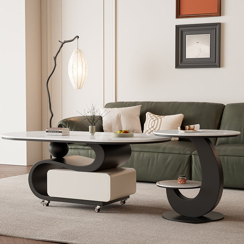 Contemporary Nordic Rock Slab &amp; Carbon Steel Oval Coffee Table With 1-Drawer For Living Room And Bedroom
