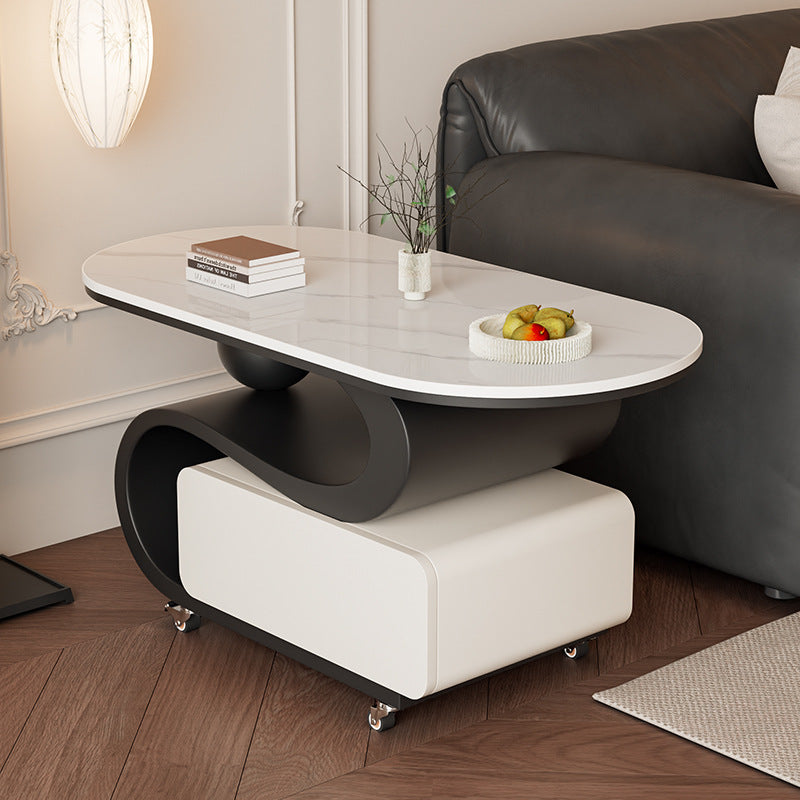 Zeitgenössischer nordischer Steintisch & ovaler Couchtisch aus Karbonstahl mit 1 Schublade für Wohnzimmer und Schlafzimmer 