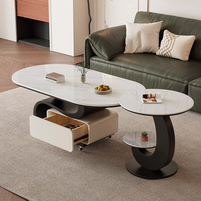 Contemporary Nordic Rock Slab &amp; Carbon Steel Oval Coffee Table With 1-Drawer For Living Room And Bedroom