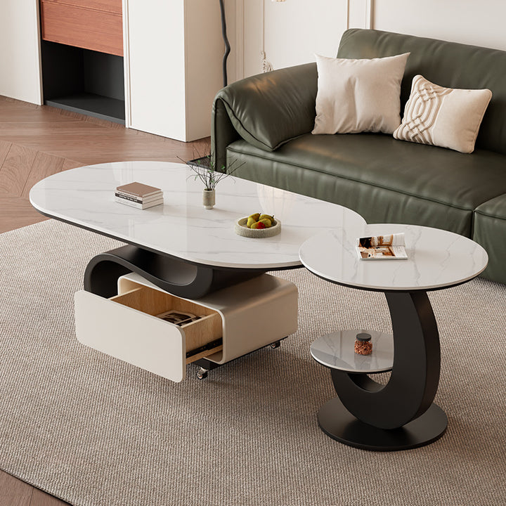 Contemporary Nordic Rock Slab &amp; Carbon Steel Oval Coffee Table With 1-Drawer For Living Room And Bedroom