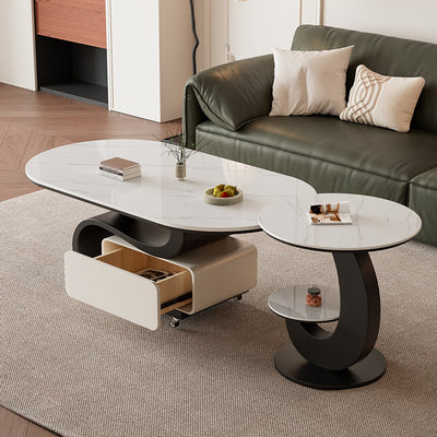 Zeitgenössischer nordischer Steintisch & ovaler Couchtisch aus Karbonstahl mit 1 Schublade für Wohnzimmer und Schlafzimmer 