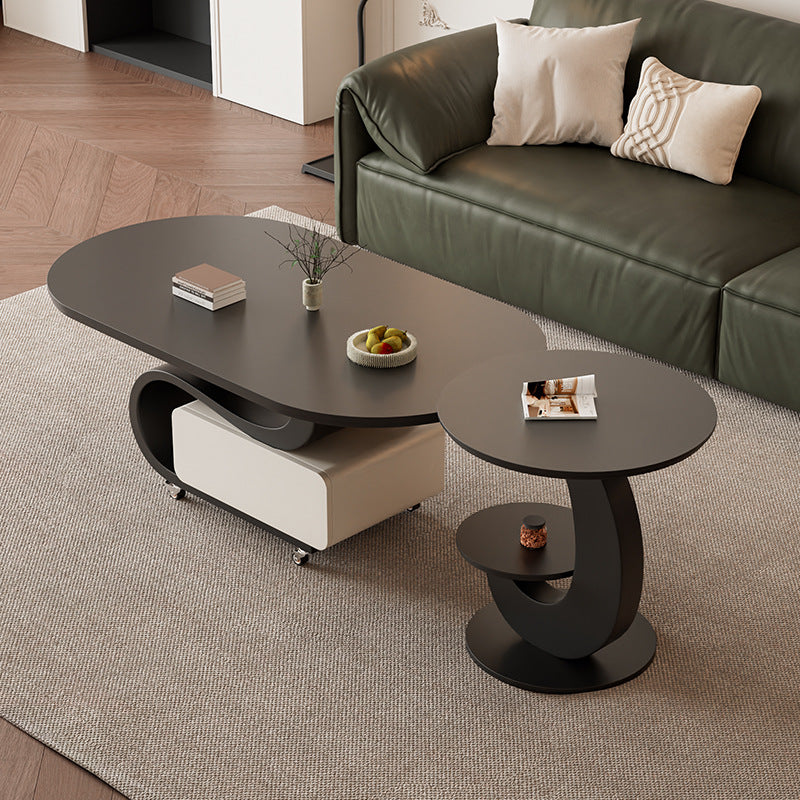 Contemporary Nordic Rock Slab &amp; Carbon Steel Oval Coffee Table With 1-Drawer For Living Room And Bedroom