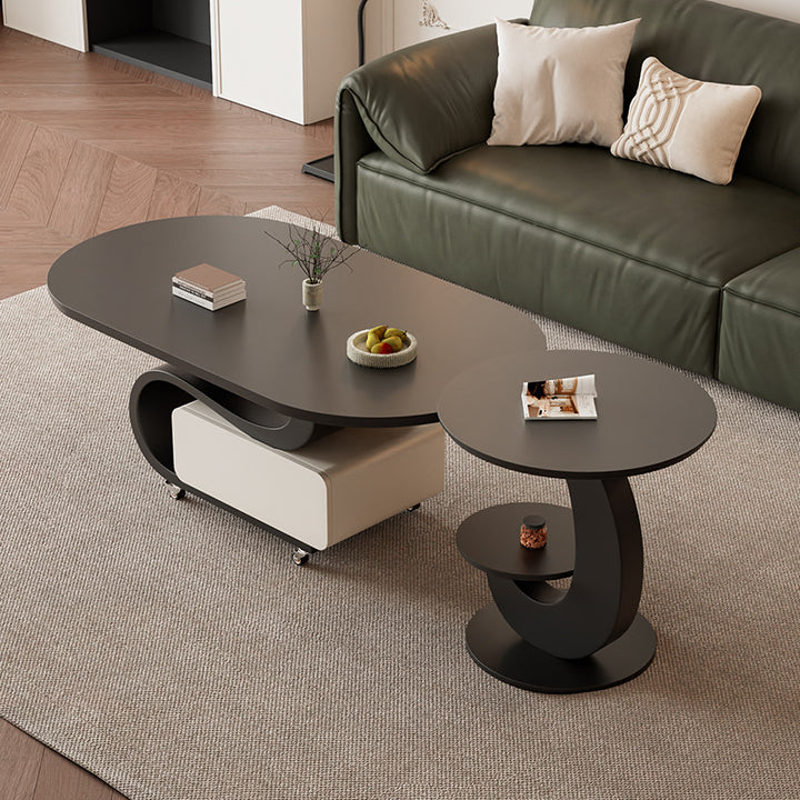 Contemporary Nordic Rock Slab &amp; Carbon Steel Oval Coffee Table With 1-Drawer For Living Room And Bedroom