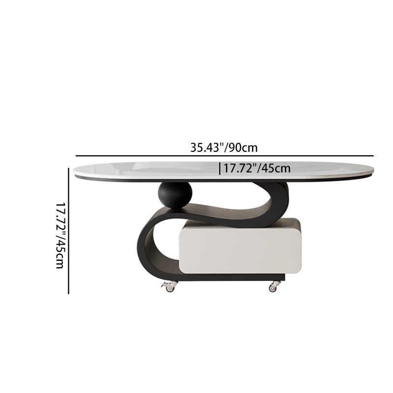 Contemporary Nordic Rock Slab &amp; Carbon Steel Oval Coffee Table With 1-Drawer For Living Room And Bedroom