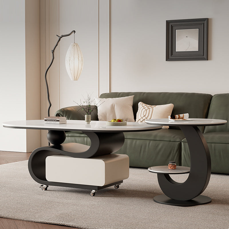 Contemporary Nordic Rock Slab &amp; Carbon Steel Oval Coffee Table With 1-Drawer For Living Room And Bedroom