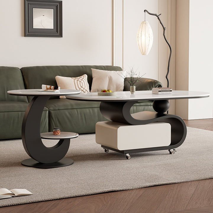 Contemporary Nordic Rock Slab &amp; Carbon Steel Oval Coffee Table With 1-Drawer For Living Room And Bedroom