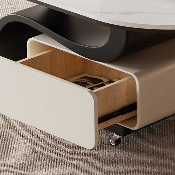 Contemporary Nordic Rock Slab &amp; Carbon Steel Oval Coffee Table With 1-Drawer For Living Room And Bedroom