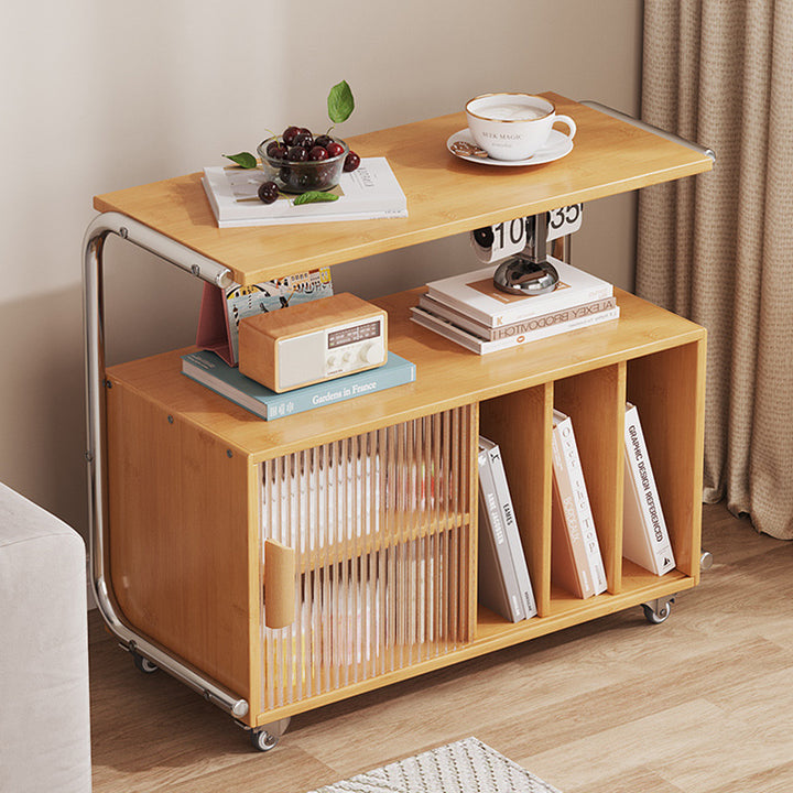 Moderner minimalistischer Tisch aus Planke, Edelstahl & Glas mit rechteckigem Design und mobiler Gestaltung für Wohnzimmer und Schlafzimmer 