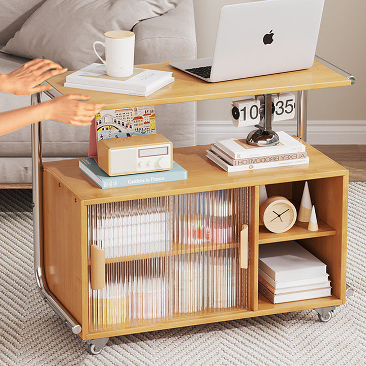 Moderner minimalistischer Tisch aus Planke, Edelstahl & Glas mit rechteckigem Design und mobiler Gestaltung für Wohnzimmer und Schlafzimmer 
