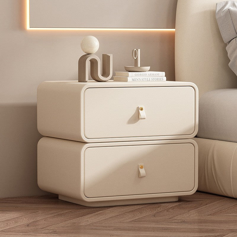 Contemporary Nordic Microfiber Leather &amp; Plank Square Nightstand With 2 Drawers For Bedroom And Living Room