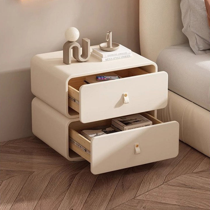 Contemporary Nordic Microfiber Leather &amp; Plank Square Nightstand With 2 Drawers For Bedroom And Living Room